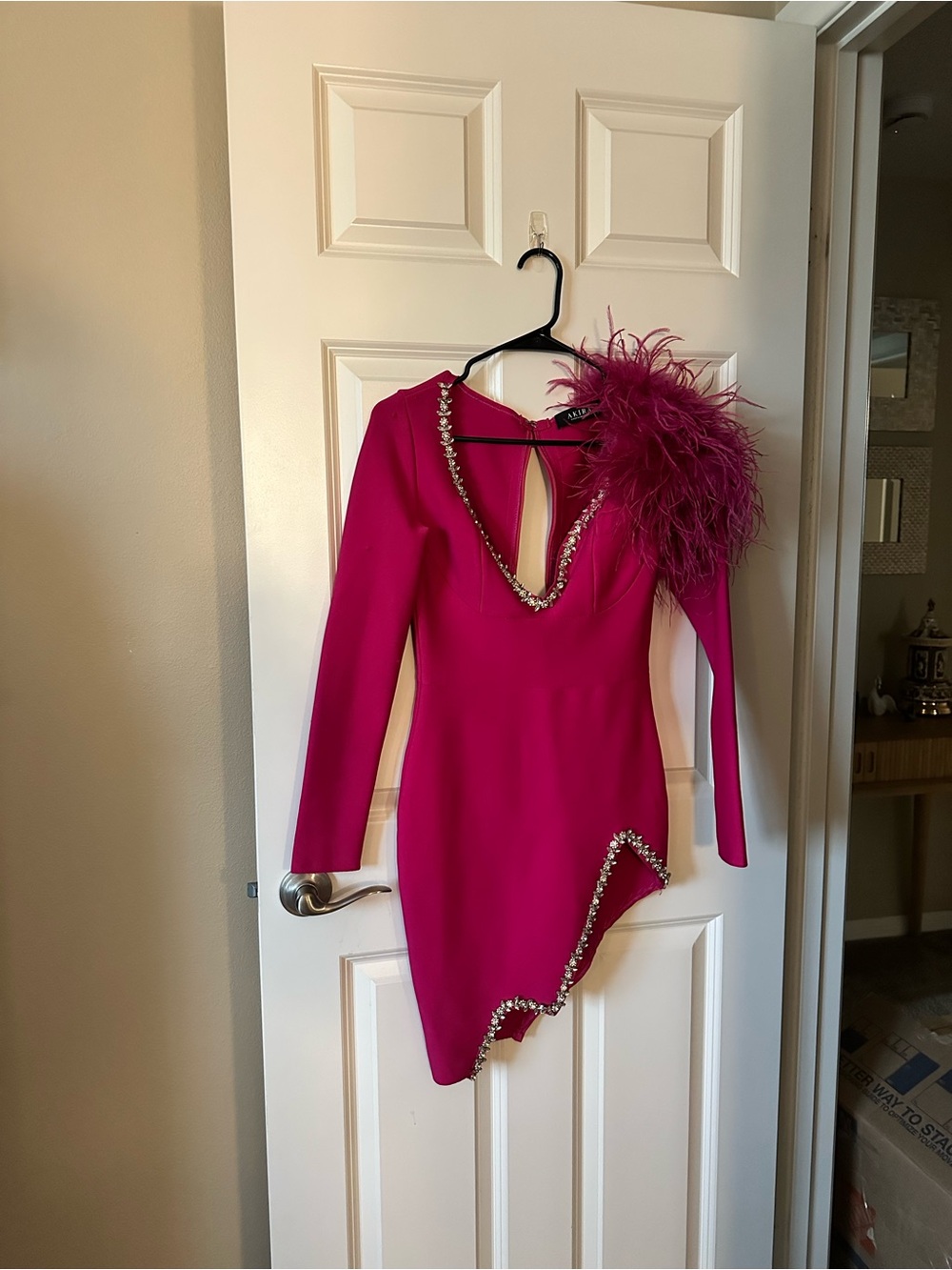 Akira Fuchsia Feather-Trim Long Sleeve Cocktail Dress